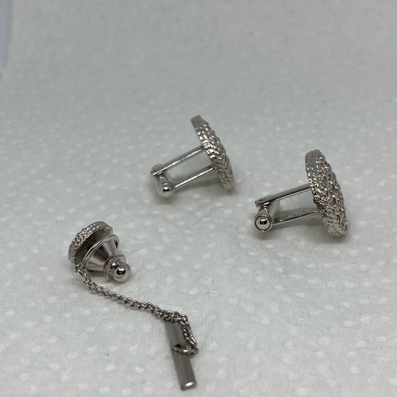 TEXTURED round cufflinks set silver toned classic - Picture 2 of 6